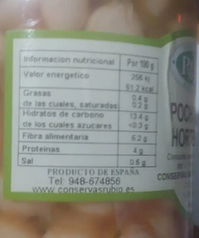 Pochas del hortelano nutrition facts table