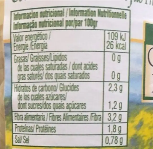 Alcachofas nutrition facts table