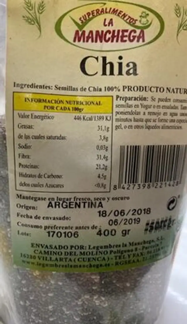 Chia nutrition facts table