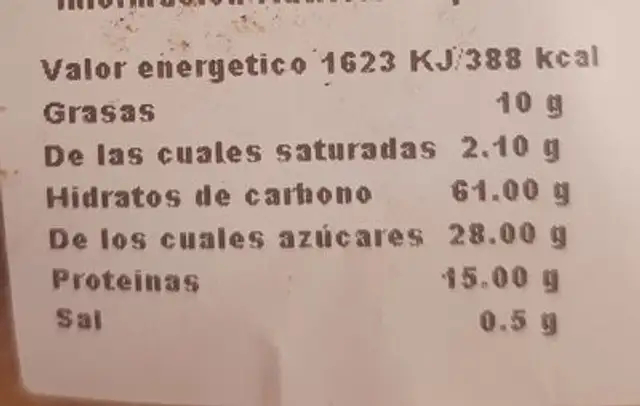 Pastelería Durán nutrition facts table