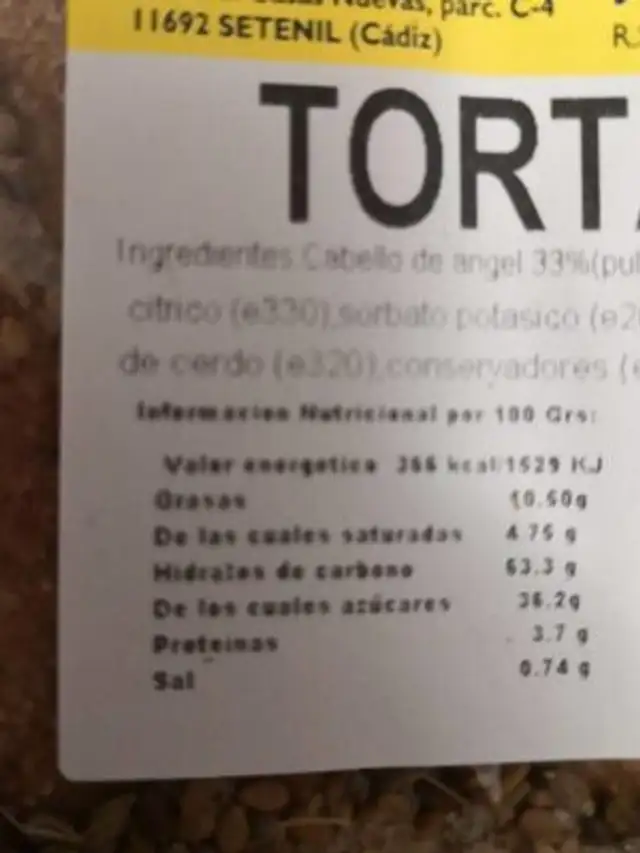 Torta de setenil nutrition facts table