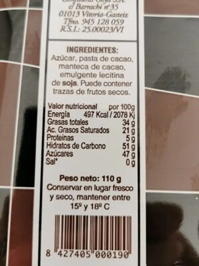 Chocolate negro nutrition facts table