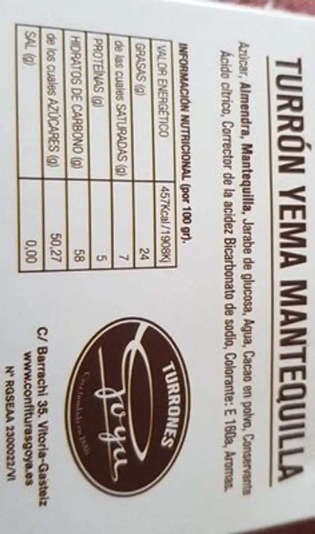 Turròn de yema mantequilla nutrition facts table