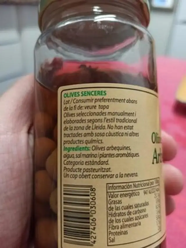 Olivas arbequinas ingredients label