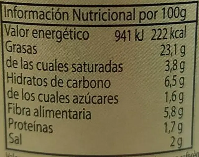 Olivas arbequinas nutrition facts table