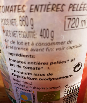 Tomates Entières Pelées "Cal Valls" ingredients label