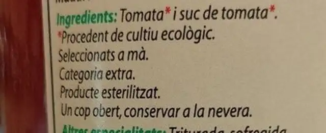 Tomate pelado ingredients label