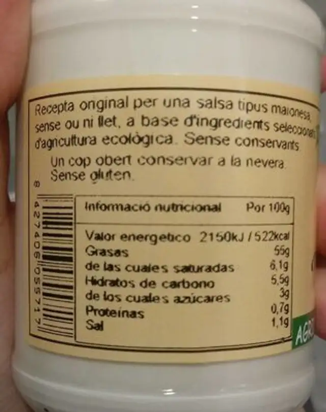 Veganesa nutrition facts table