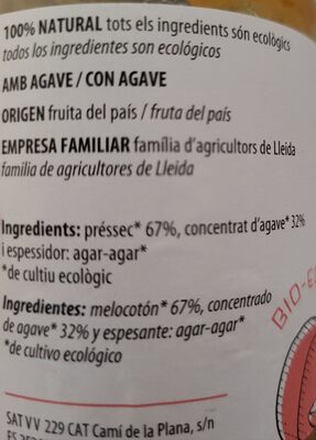 Mermelada de Melocotón, Ecológica ingredients label