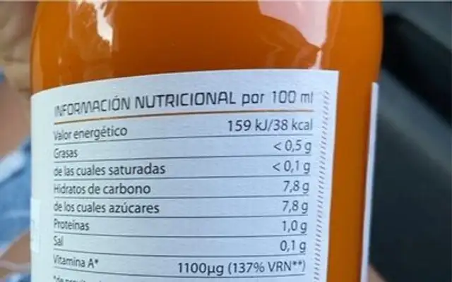 Zumo de zanahoria nutrition facts table