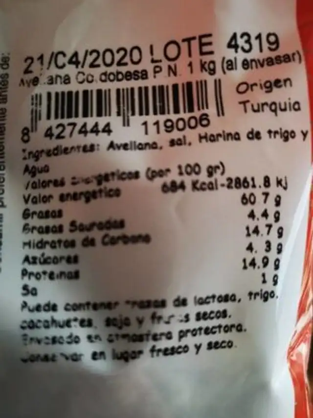 Avellanas nutrition facts table