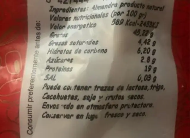 Almendras nutrition facts table
