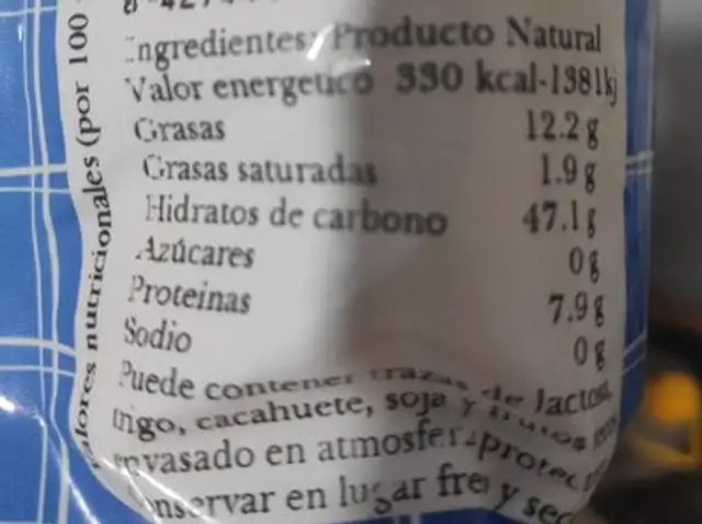 Maíz rosetero nutrition facts table