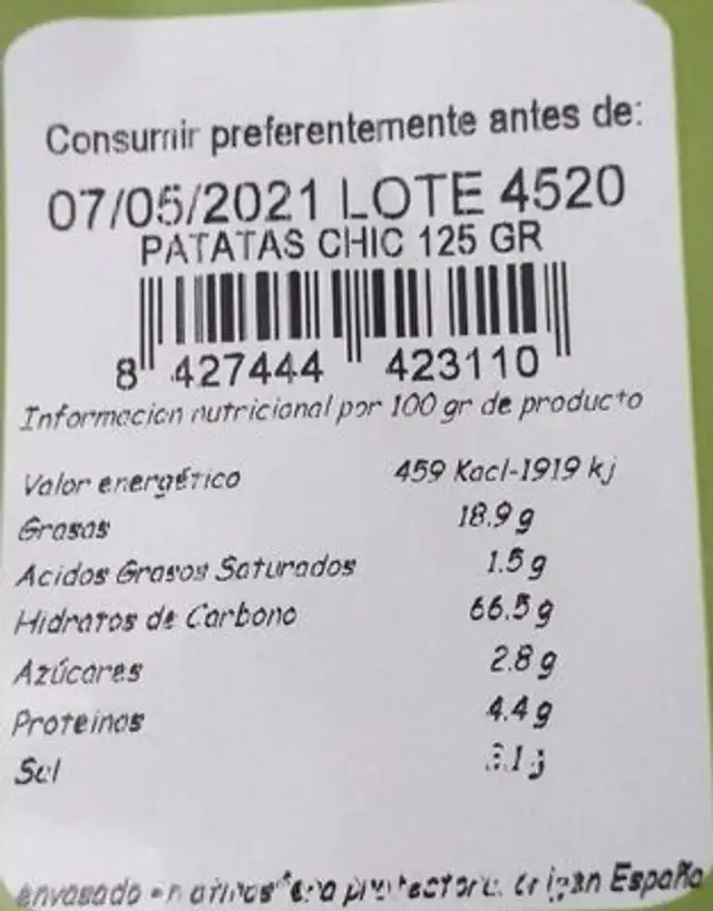 Patatas chic ligth ingredients label