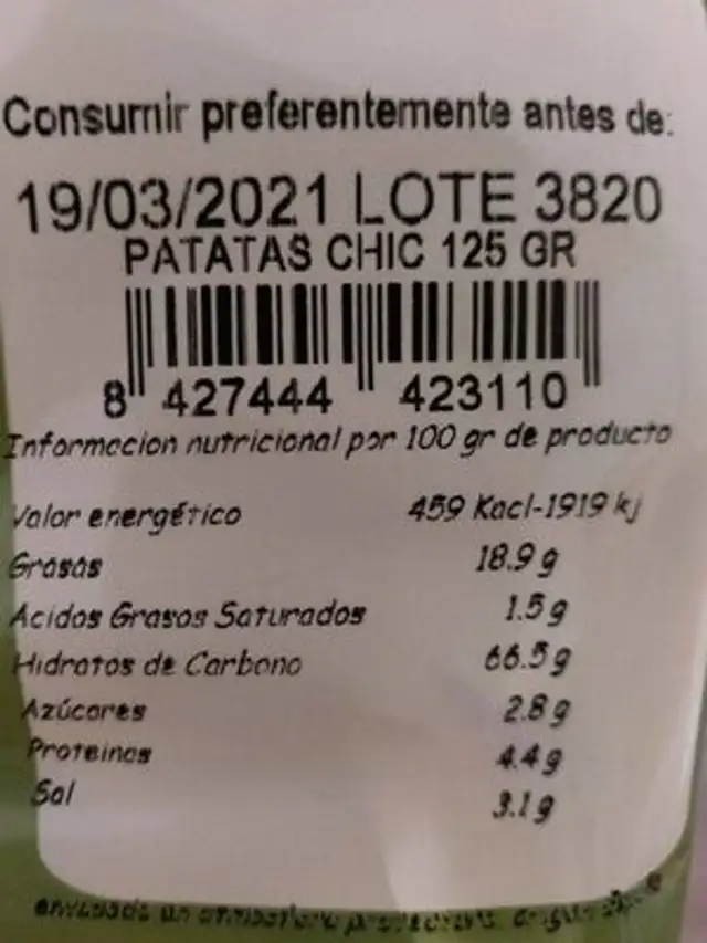 Patatas chic ligth nutrition facts table