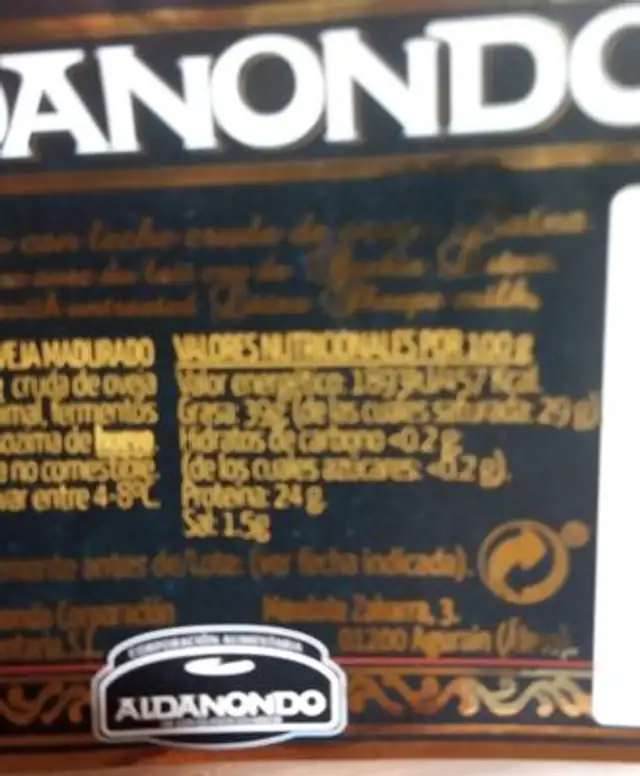 Queso Idiazabak nutrition facts table
