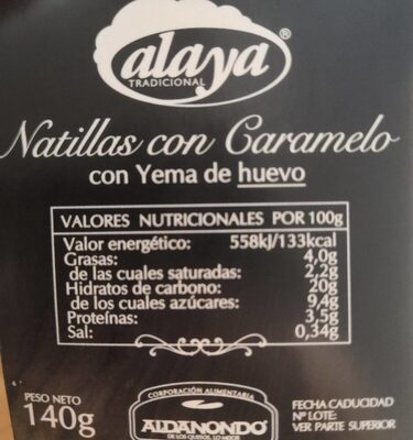 Natillas con caramelo nutrition facts table