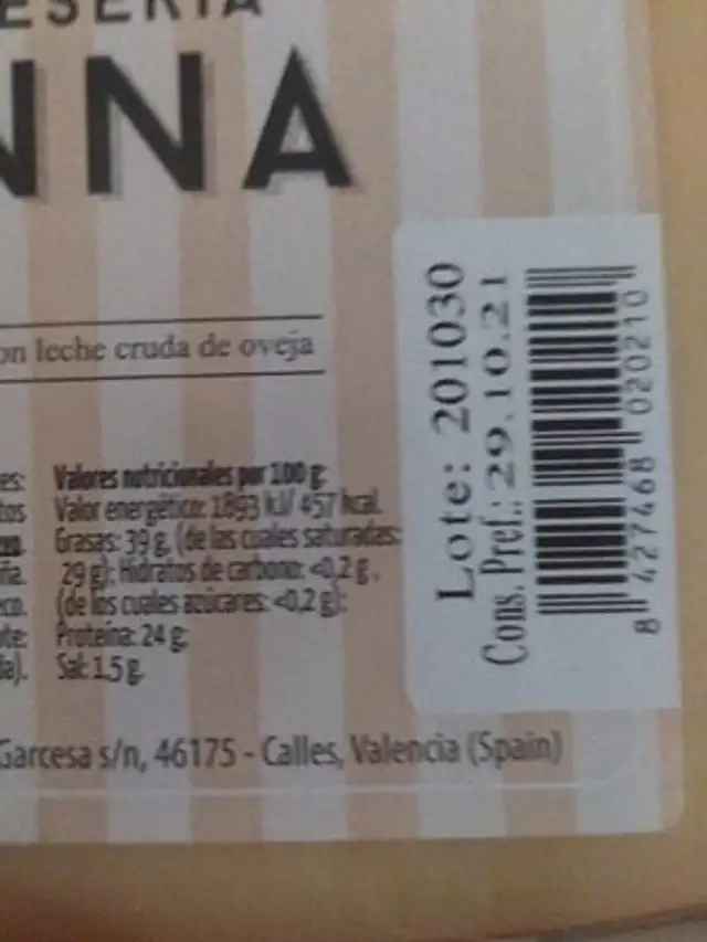 Queso ahumado Anna nutrition facts table