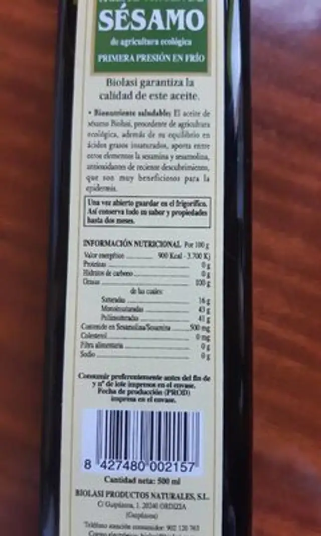 Aceite virgen de sésamo nutrition facts table