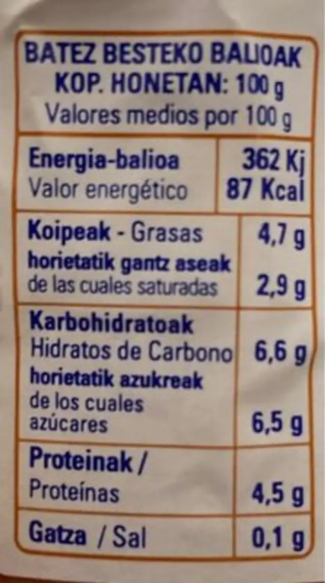 Mamia Goiena nutrition facts table