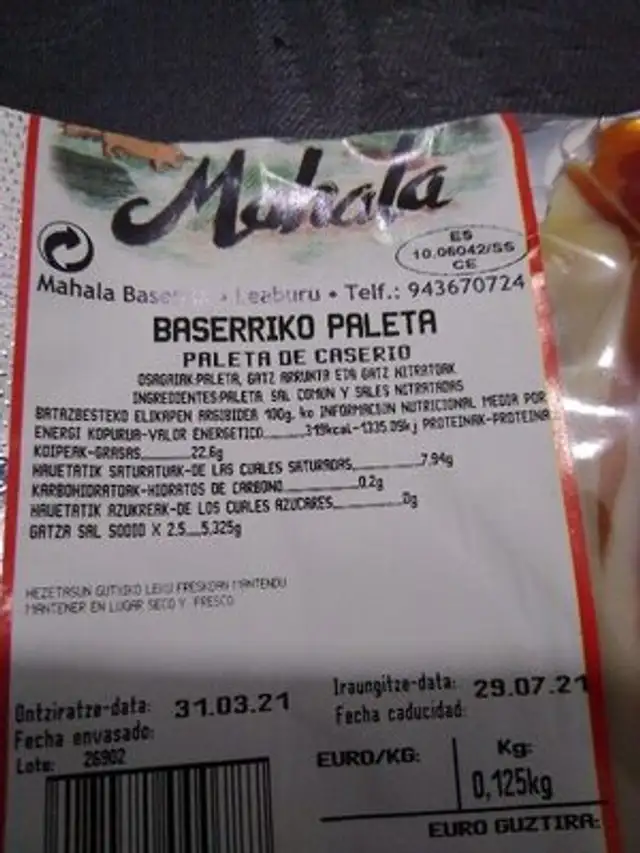 Baserriko paleta ingredients label