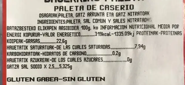 Baserriko paleta nutrition facts table