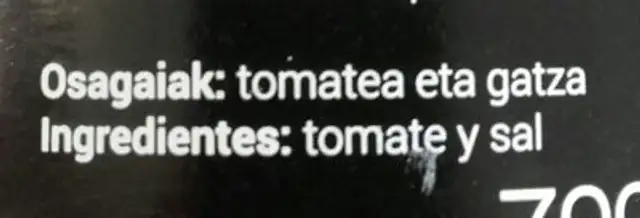 Tomate natural ingredients label