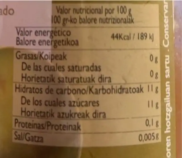 Zumo de manzana nutrition facts table