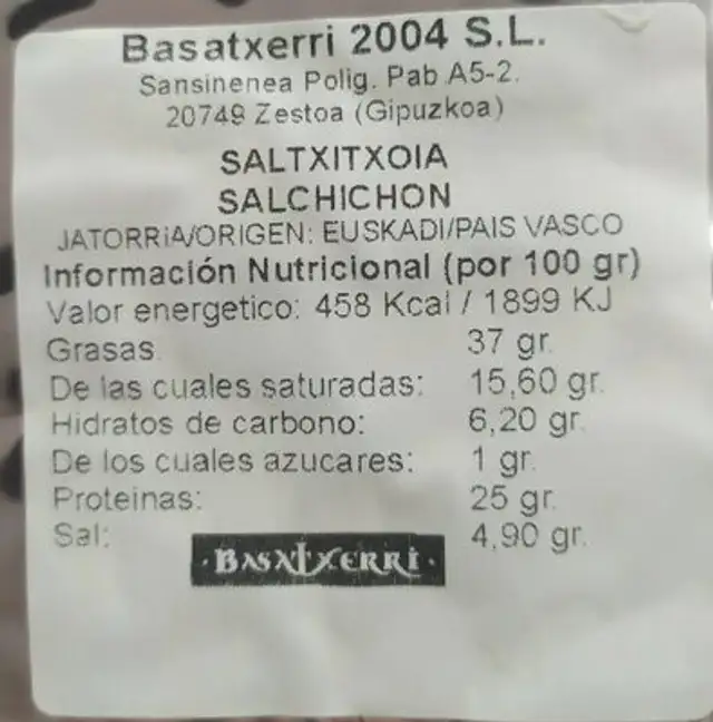 Salchichón nutrition facts table