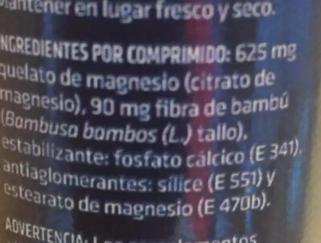 Quelato de magnesio nutrition facts table
