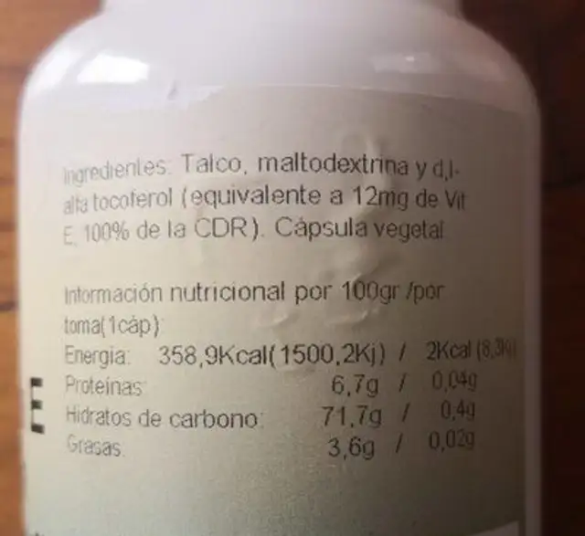 Vitamina E nutrition facts table