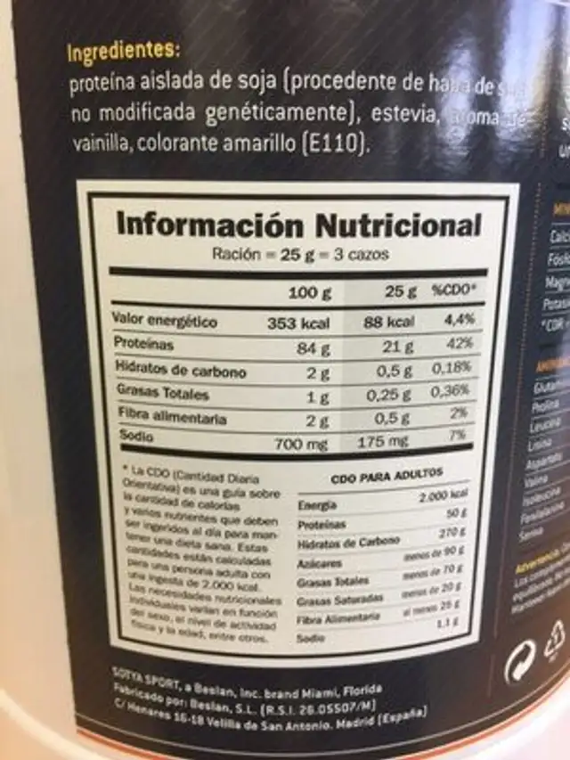 Proteines vanille Sotya Sport nutrition facts table