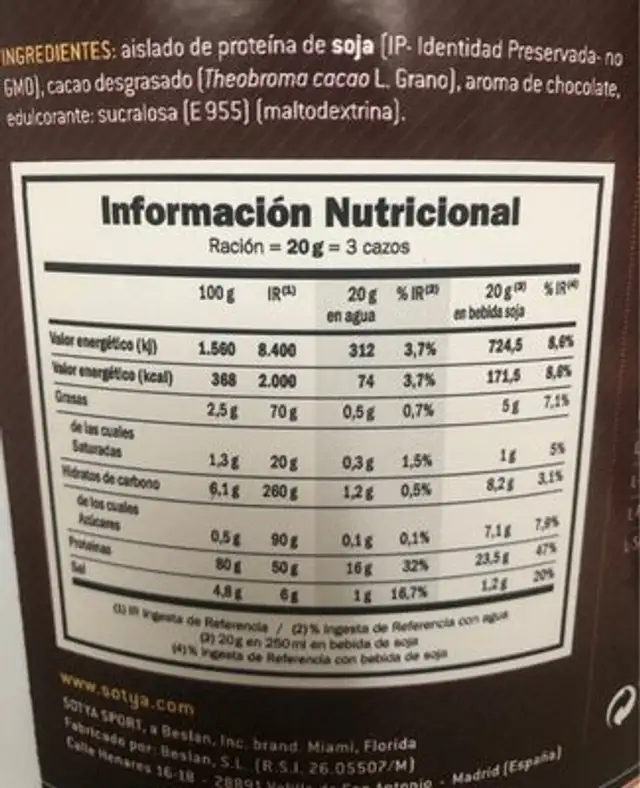 100% PROTEIN CHOCOLATE nutrition facts table
