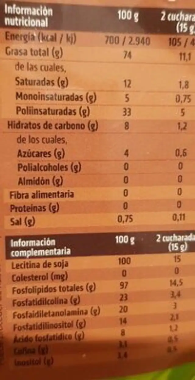 Lecitina de soja granulada nutrition facts table