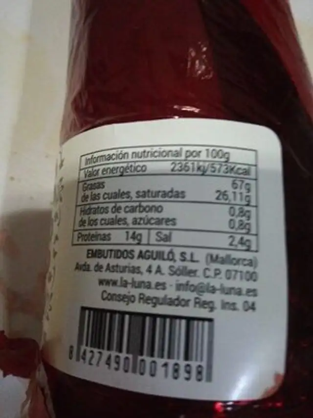 Sobrasada dulce superior ingredients label