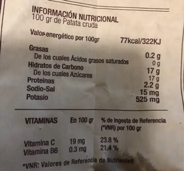Patatas nutrition facts table