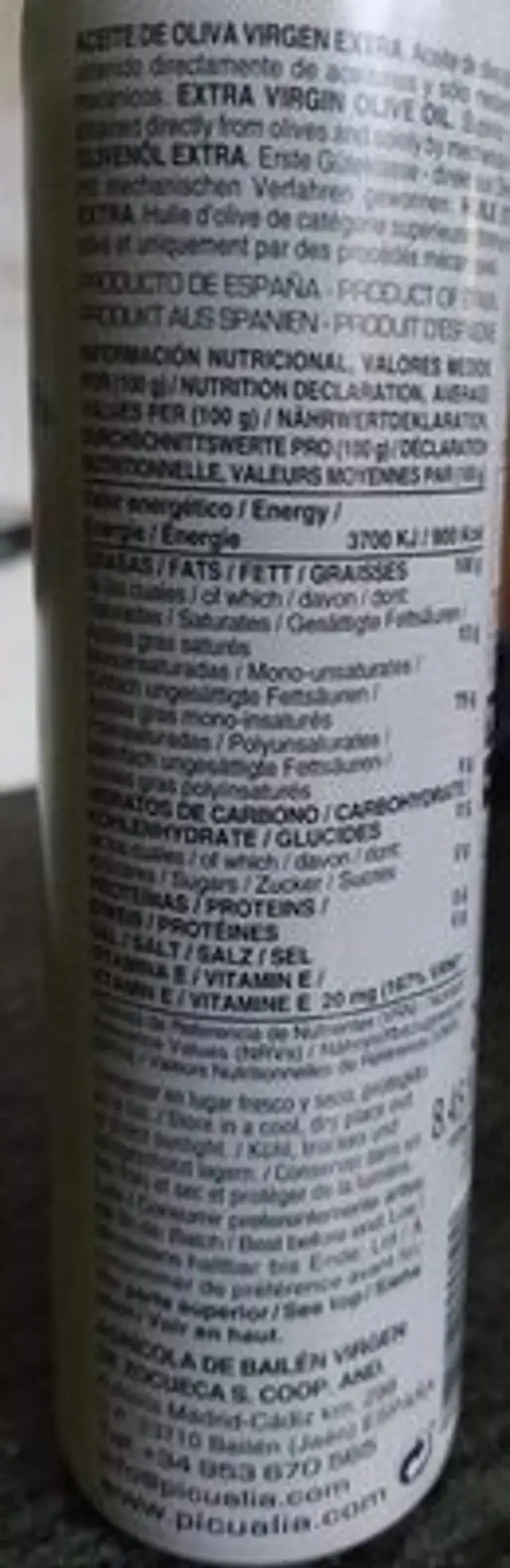 Aceite de Oliva Virgen Extra nutrition facts table