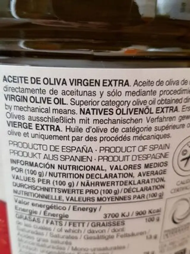Aceite de oliva virgen extra nutrition facts table