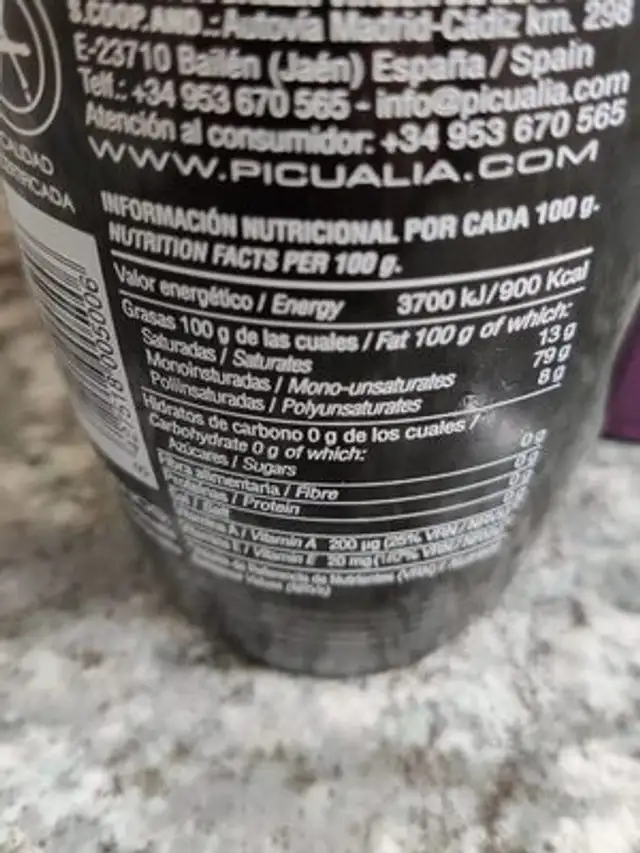 Aceite de oliva virgen extra nutrition facts table