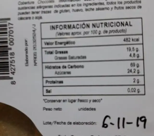 Pastas Artesana elaborada con Aceite de Oliva Virgen Extra nutrition facts table