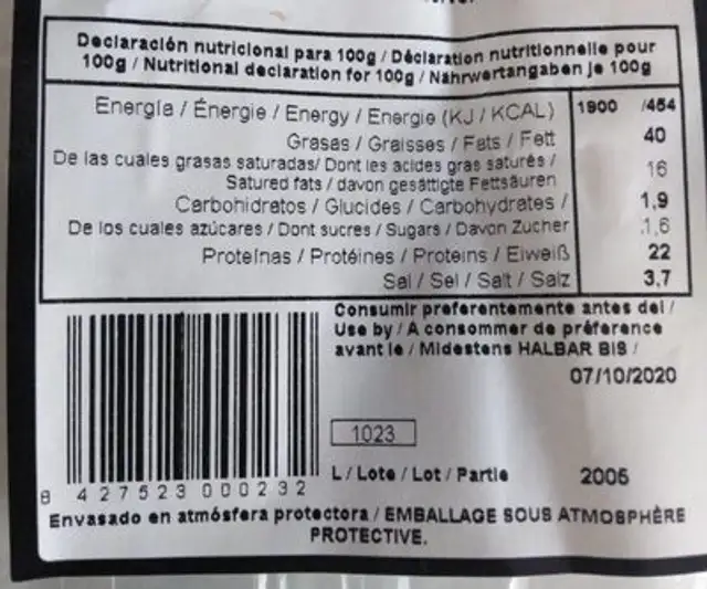 Chorizo sarta nutrition facts table