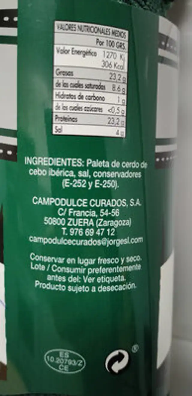 Paleta cebo iberica 50% ingredients label