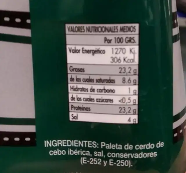 Paleta cebo iberica 50% nutrition facts table