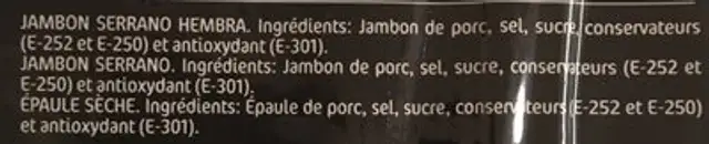 Paleta Serrana ingredients label