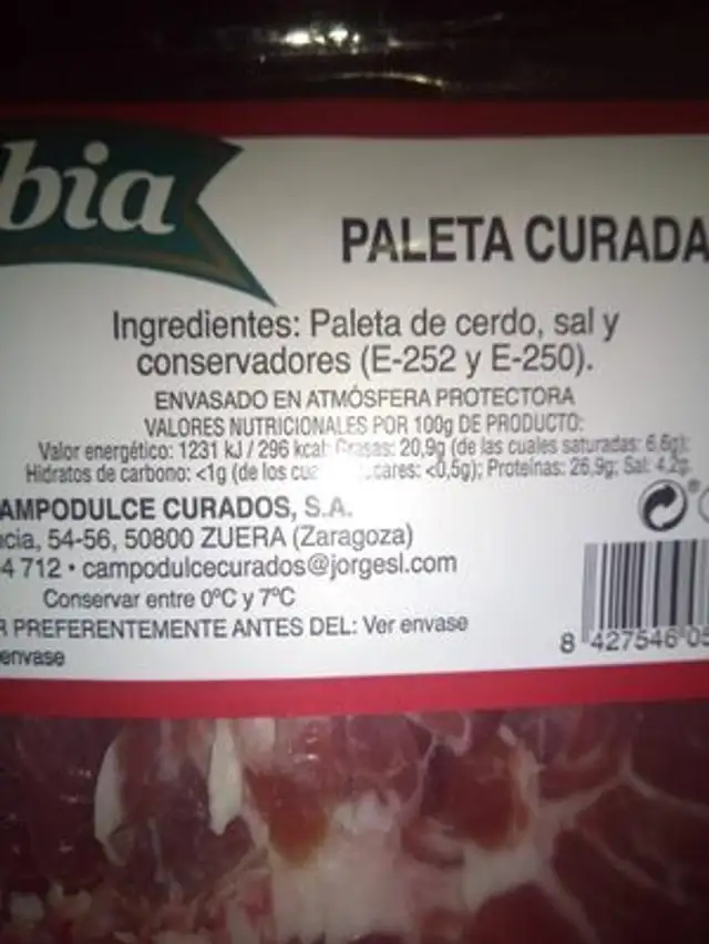 Paleta curada ingredients label