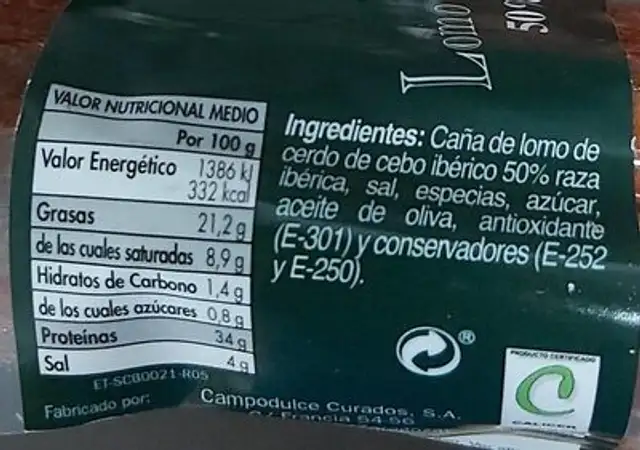Lomo de cevo iberico nutrition facts table