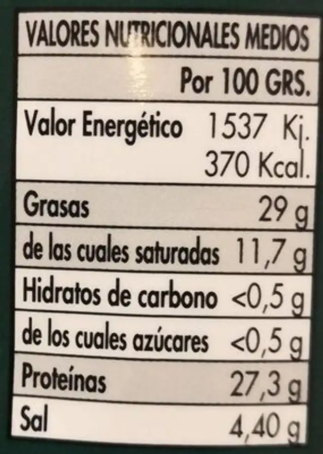 Paleta de bellota iberica nutrition facts table