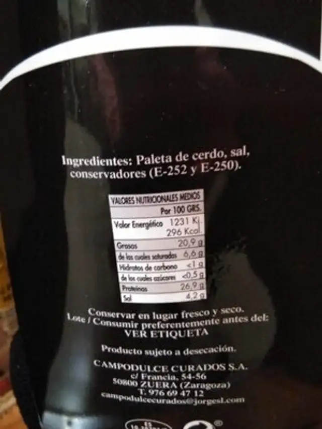 Paleta reserva Duroc nutrition facts table