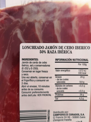 Jamon de cebo iberico 50% raza iberica ingredients label