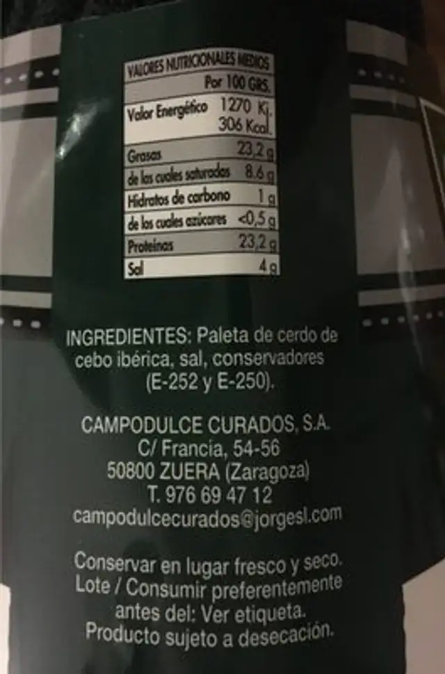 Paleta de cebo iberico nutrition facts table